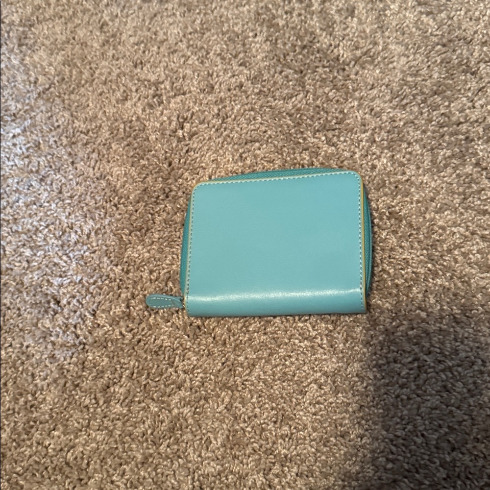 Baekgaard Teal and Yellow Leather Zip Wallet NWT